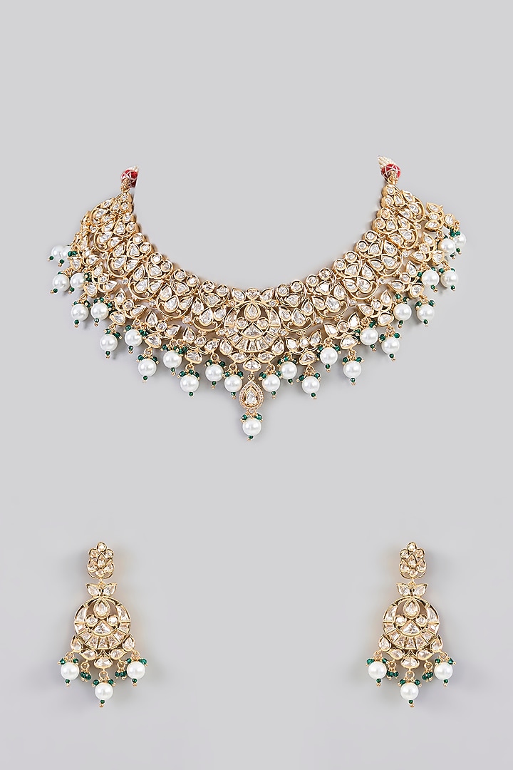 Gold Finish Kundan Polki & Pearl Necklace Set by Zevar by Geeta at Pernia's Pop Up Shop