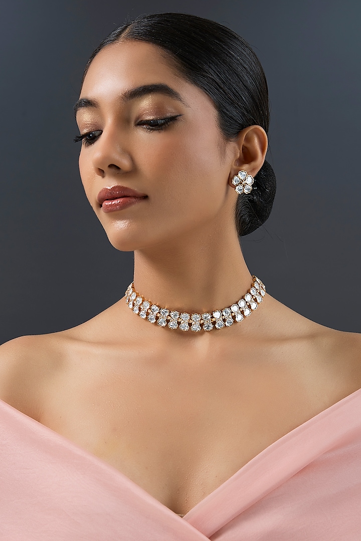 Gold Finish Kundan Polki Necklace Set by Zevar by Geeta at Pernia's Pop Up Shop