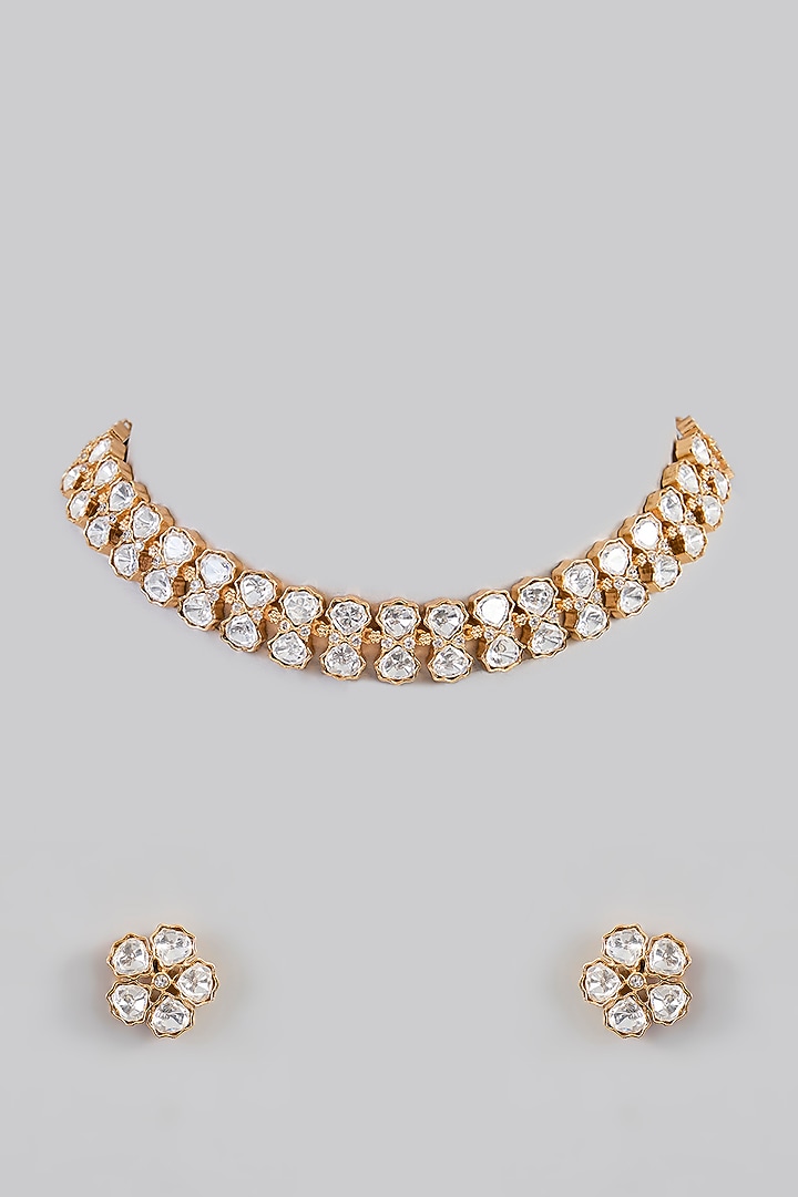 Gold Finish Kundan Polki Necklace Set by Zevar by Geeta at Pernia's Pop Up Shop