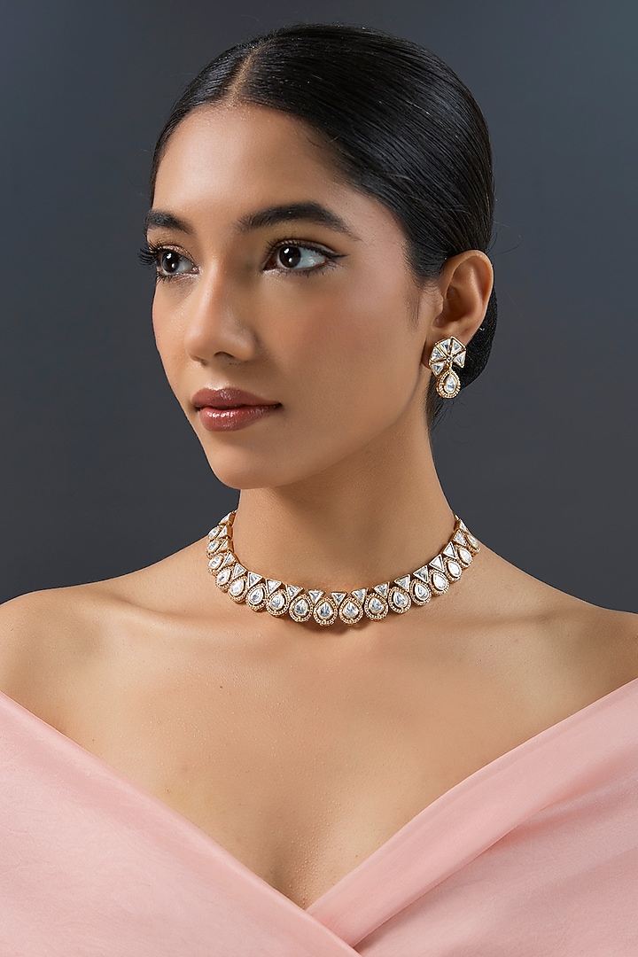 Gold Finish Kundan Polki Necklace Set by Zevar by Geeta at Pernia's Pop Up Shop