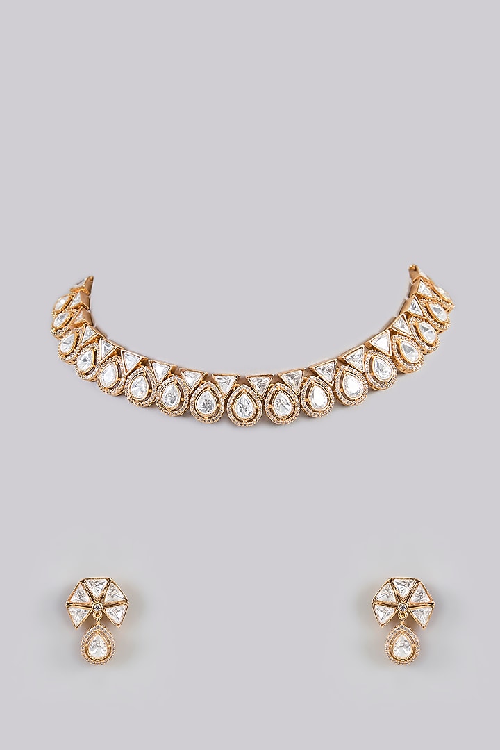 Gold Finish Kundan Polki Necklace Set by Zevar by Geeta at Pernia's Pop Up Shop