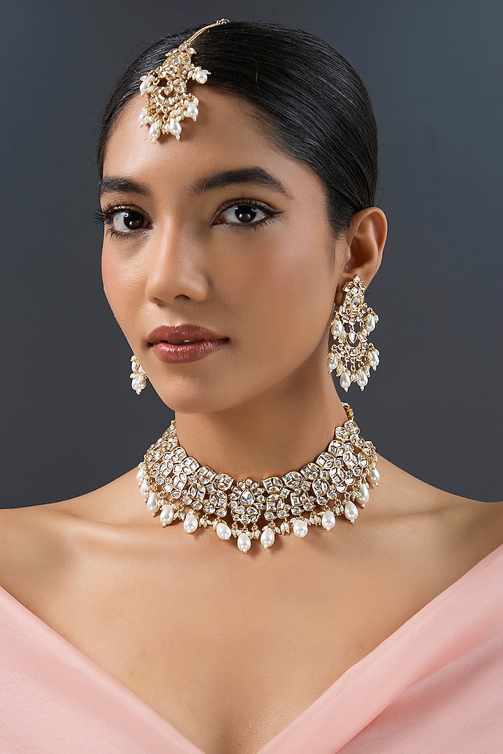 Gold Finish Kundan Polki & Pearl Necklace Set by Zevar by Geeta at Pernia's Pop Up Shop