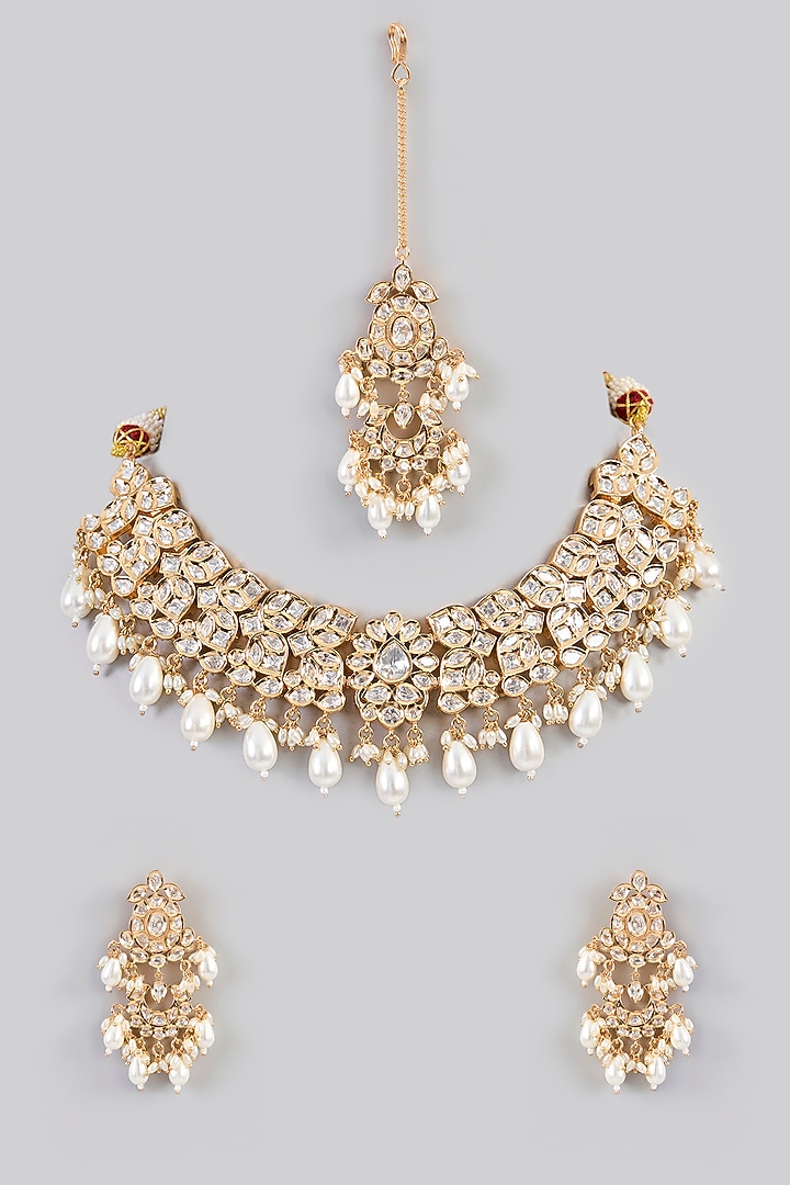 Gold Finish Kundan Polki & Pearl Necklace Set by Zevar by Geeta at Pernia's Pop Up Shop