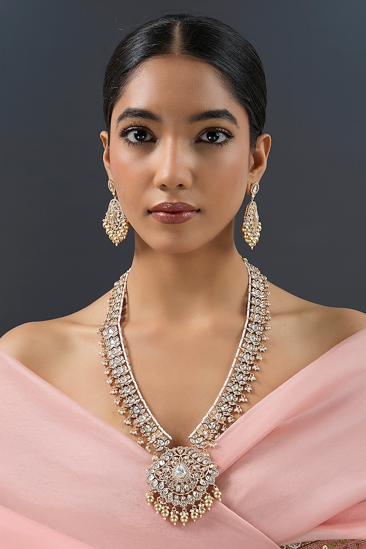 Gold Finish Kundan Polki Long Pendant Necklace Set by Zevar by Geeta at Pernia's Pop Up Shop