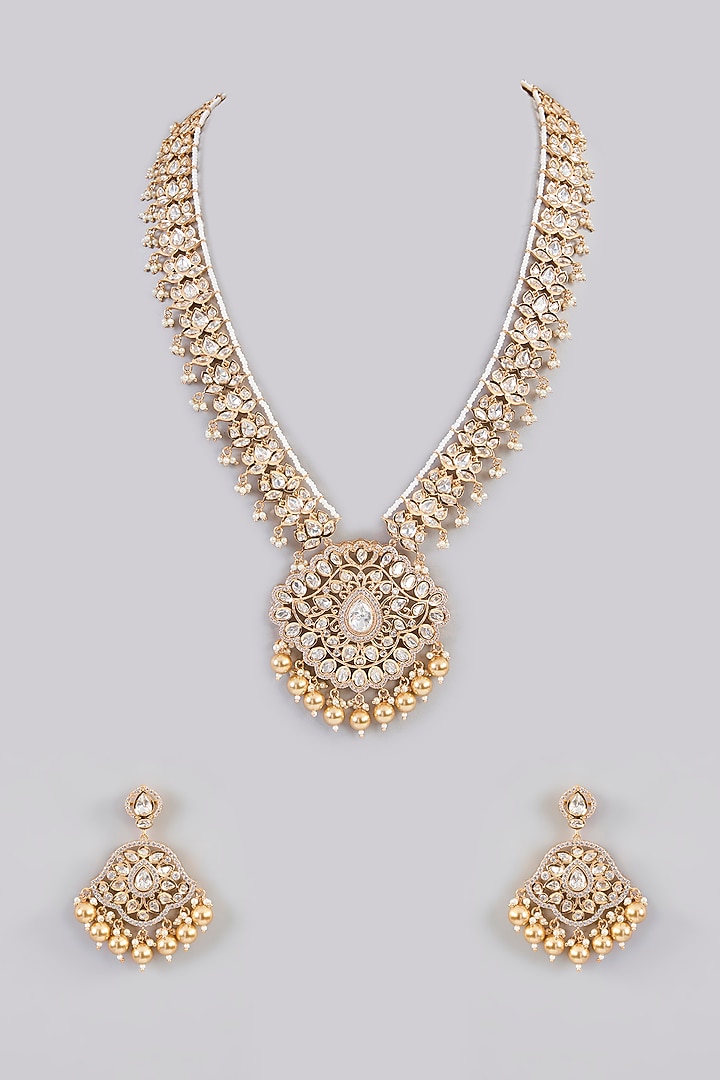 Gold Finish Kundan Polki Long Pendant Necklace Set by Zevar by Geeta at Pernia's Pop Up Shop