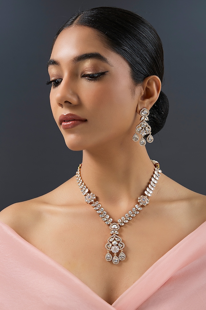 Gold Finish Kundan Polki Long Pendant Necklace Set by Zevar by Geeta at Pernia's Pop Up Shop