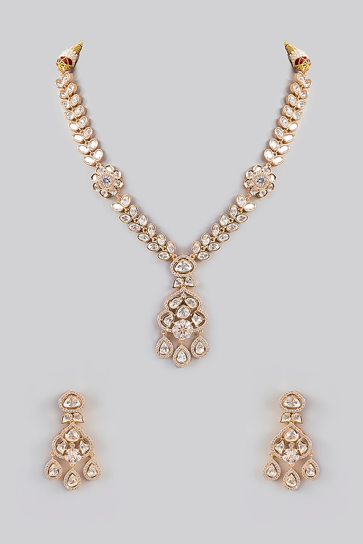 Gold Finish Kundan Polki Long Pendant Necklace Set by Zevar by Geeta at Pernia's Pop Up Shop