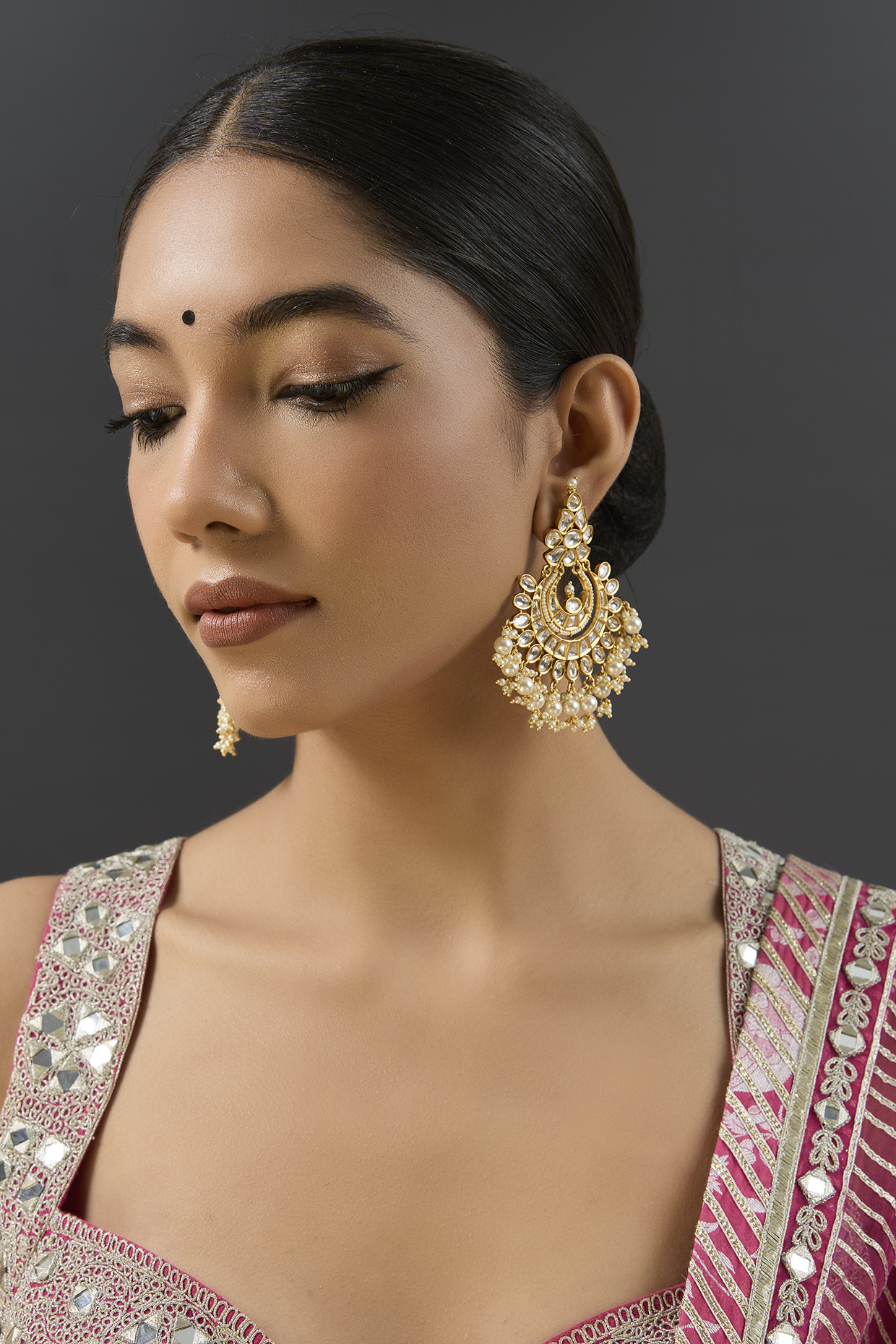Gold Finish Kundan Polki Chandbali Earrings by Zevar by Geeta at Pernia's Pop Up Shop