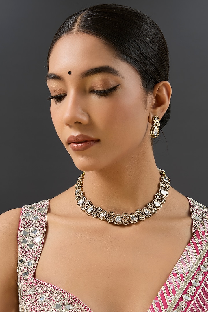 Gold Finish Kundan Polki & Zircon Necklace Set by Zevar by Geeta at Pernia's Pop Up Shop