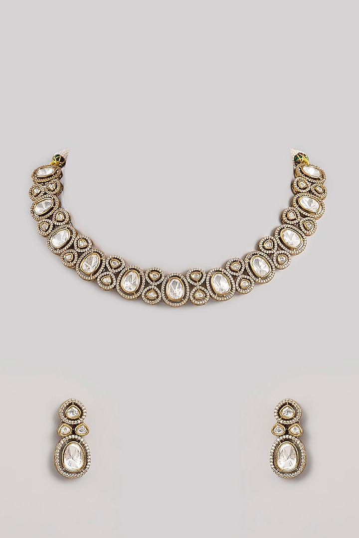 Gold Finish Kundan Polki & Zircon Necklace Set by Zevar by Geeta at Pernia's Pop Up Shop
