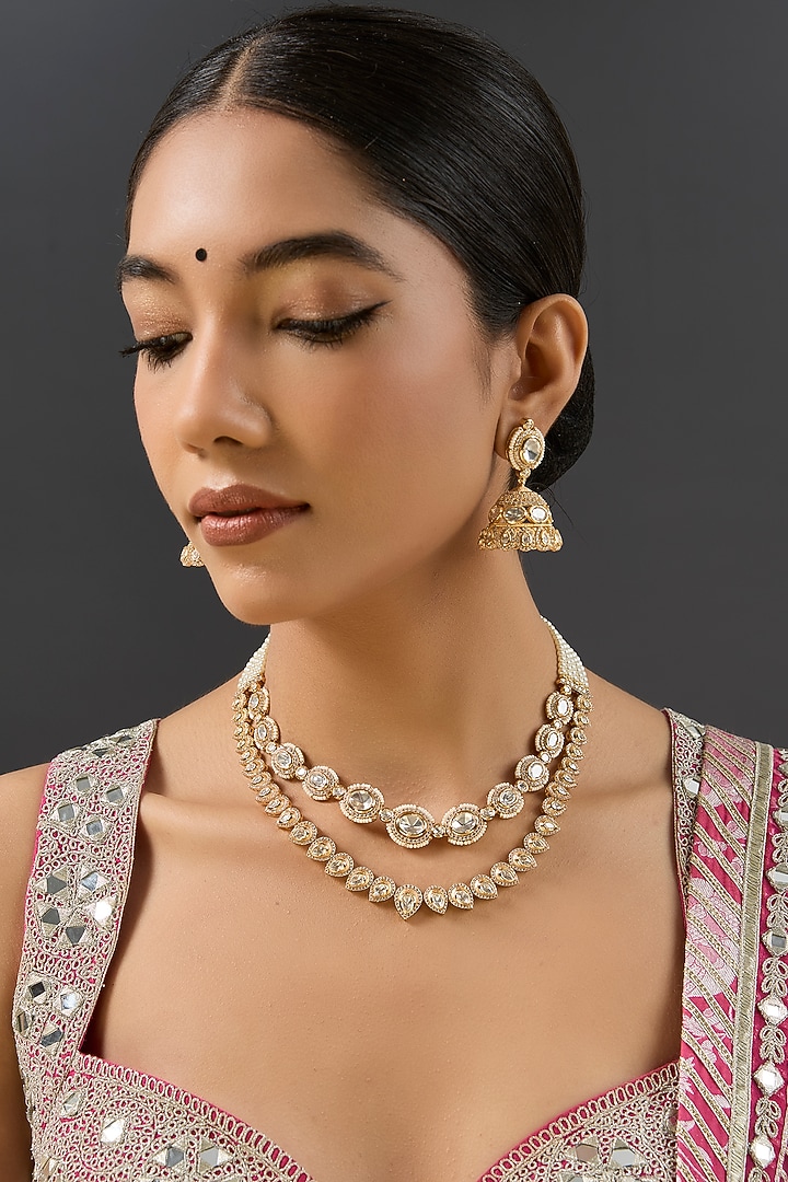 Gold Finish Kundan Polki Layered Necklace Set by Zevar by Geeta at Pernia's Pop Up Shop