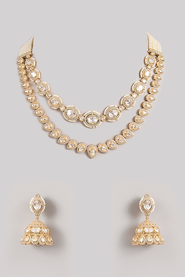 Gold Finish Kundan Polki Layered Necklace Set by Zevar by Geeta at Pernia's Pop Up Shop
