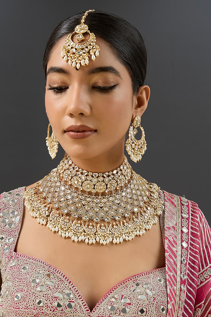 Gold Finish Kundan Polki Necklace Set by Zevar by Geeta at Pernia's Pop Up Shop