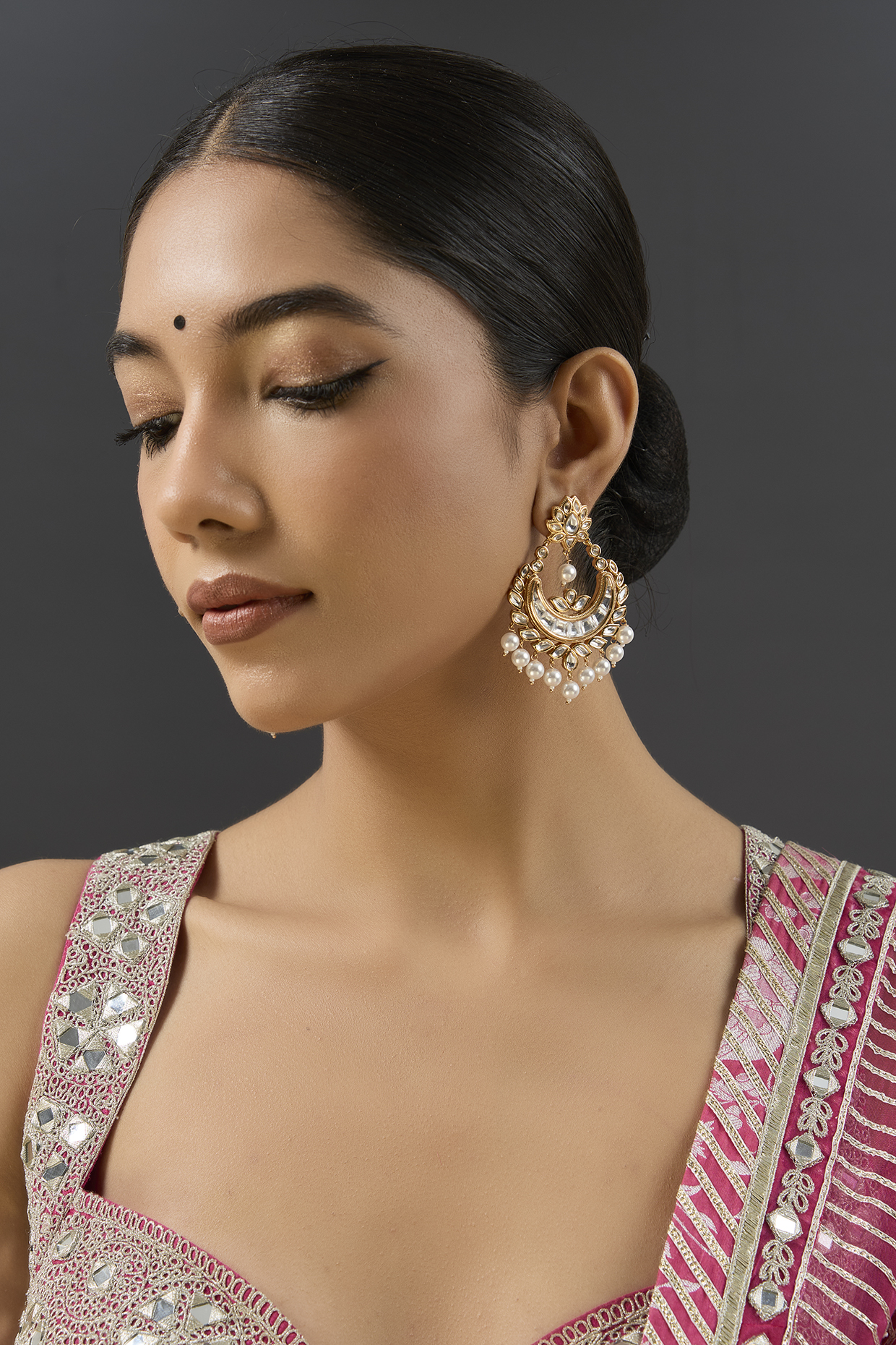 Gold Finish Kundan Polki Chandbali Earrings by Zevar by Geeta at Pernia's Pop Up Shop