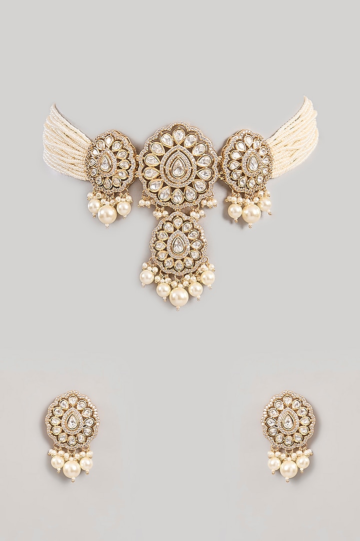 Gold Finish Kundan Polki & Pearl Choker Necklace Set by Zevar by Geeta at Pernia's Pop Up Shop