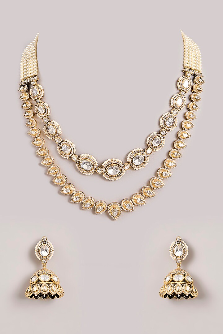 Two-Tone Finish Kundan Polki Layered Necklace Set by Zevar by Geeta at Pernia's Pop Up Shop