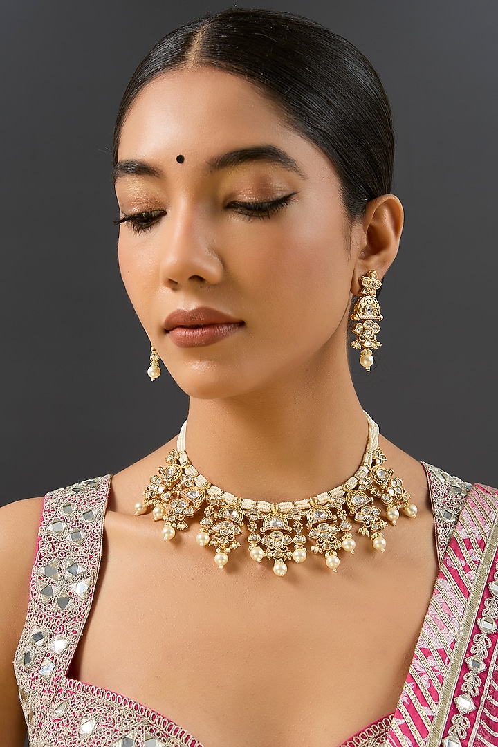 Gold Finish Kundan Polki & Pearl Necklace Set by Zevar by Geeta at Pernia's Pop Up Shop