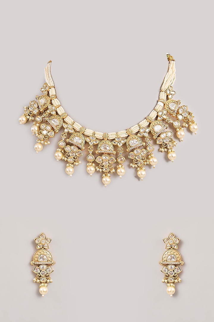 Gold Finish Kundan Polki & Pearl Necklace Set by Zevar by Geeta at Pernia's Pop Up Shop