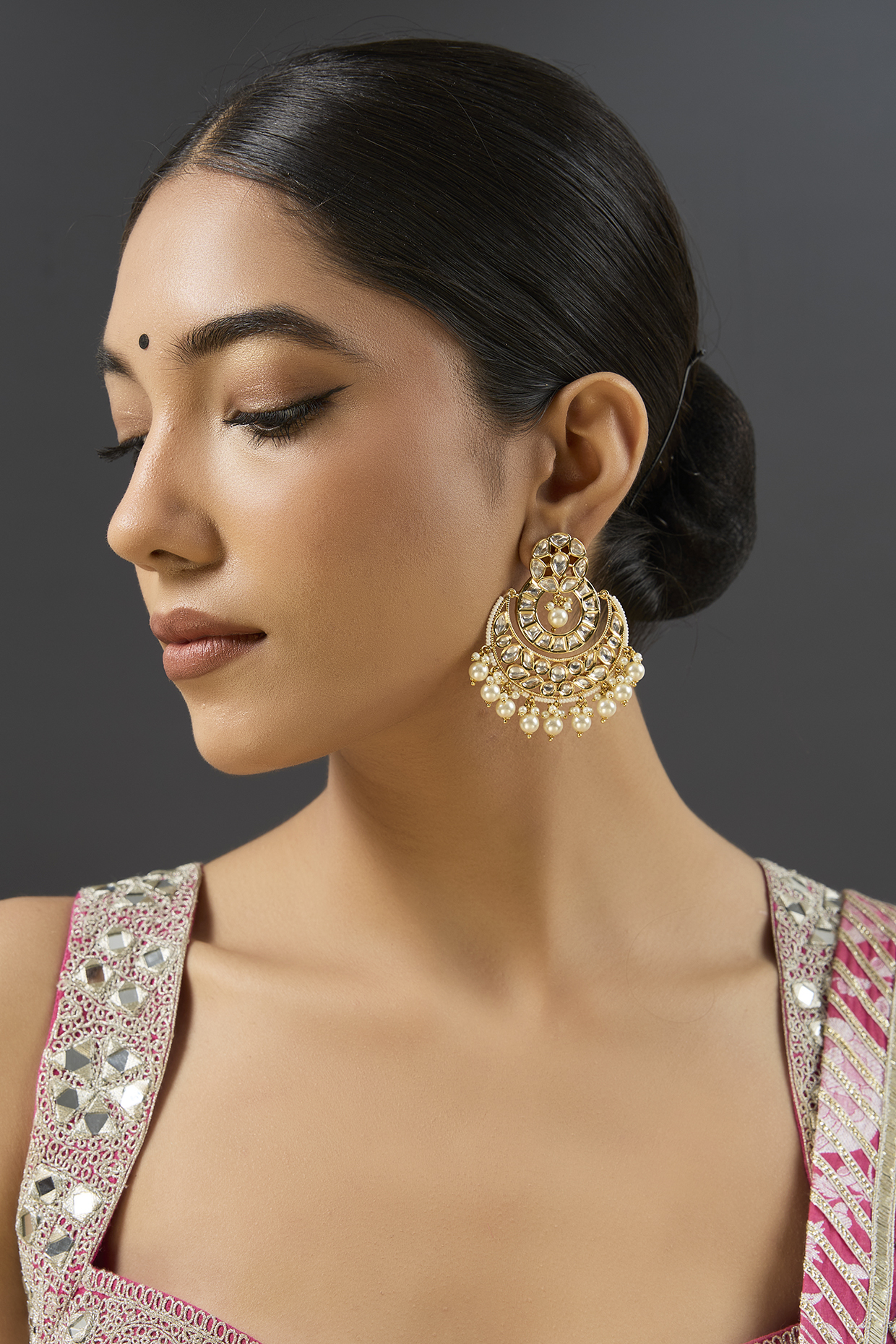 Gold Finish Kundan Polki Chandbali Earrings by Zevar by Geeta at Pernia's Pop Up Shop
