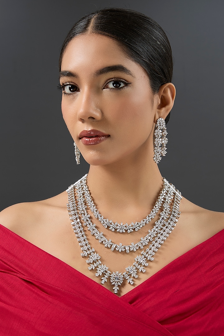 White Finish Diamond Long Layered Necklace Set by Zevar by Geeta at Pernia's Pop Up Shop