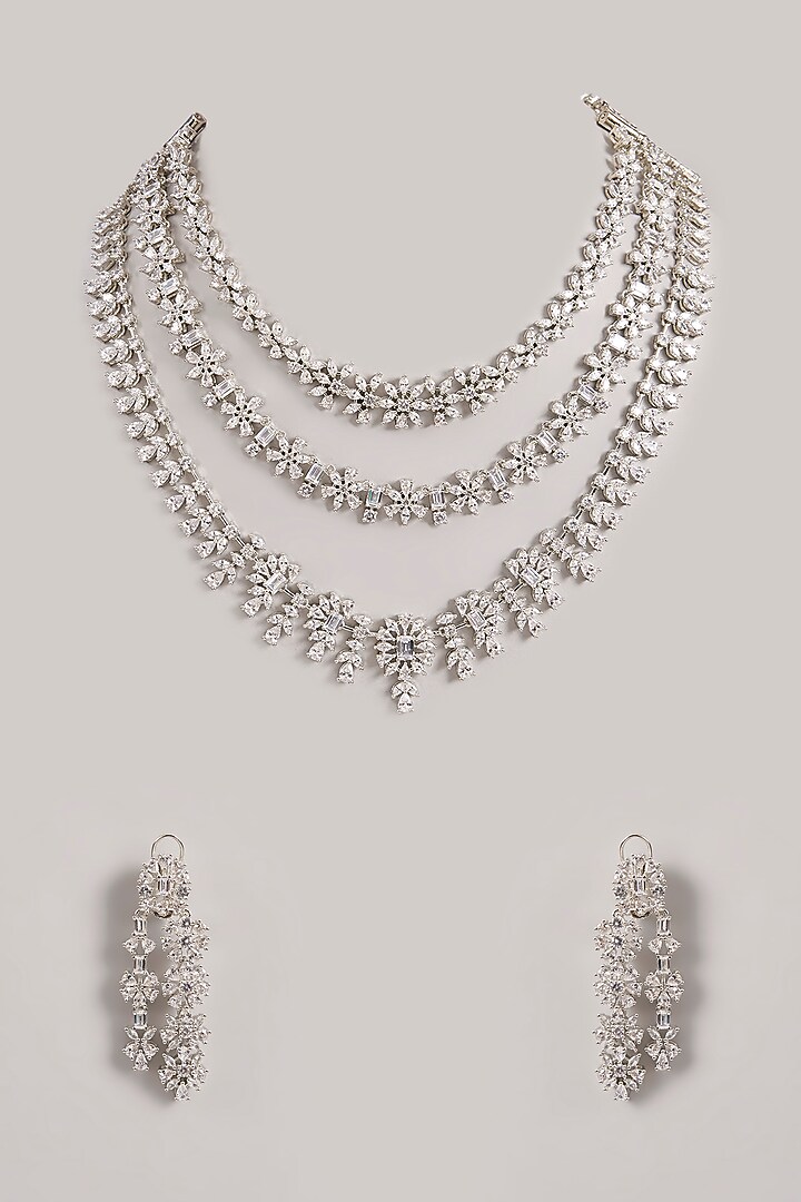 White Finish Diamond Long Layered Necklace Set by Zevar by Geeta at Pernia's Pop Up Shop