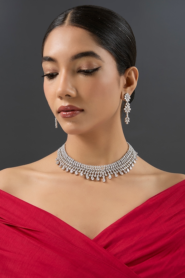 White Finish Diamond Necklace Set by Zevar By Geeta at Pernia's Pop Up Shop