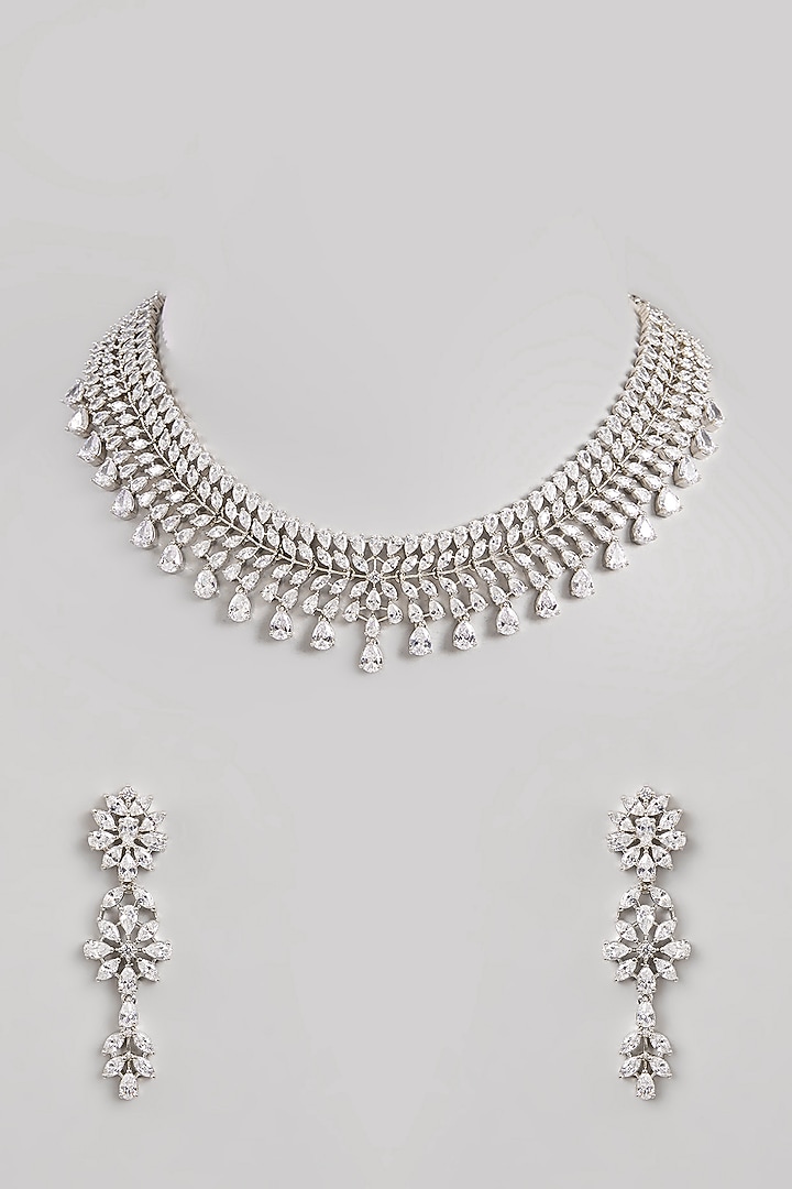 White Finish Diamond Necklace Set by Zevar By Geeta at Pernia's Pop Up Shop