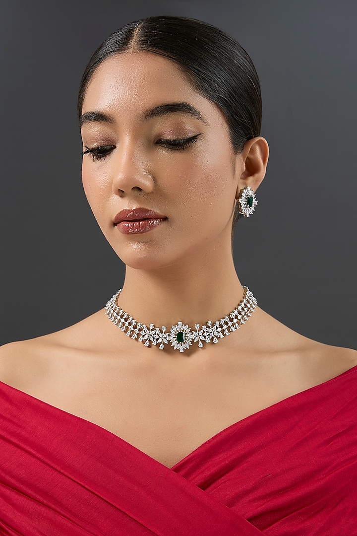 White Finish Diamond & Green Stone Choker Necklace Set by Zevar By Geeta at Pernia's Pop Up Shop