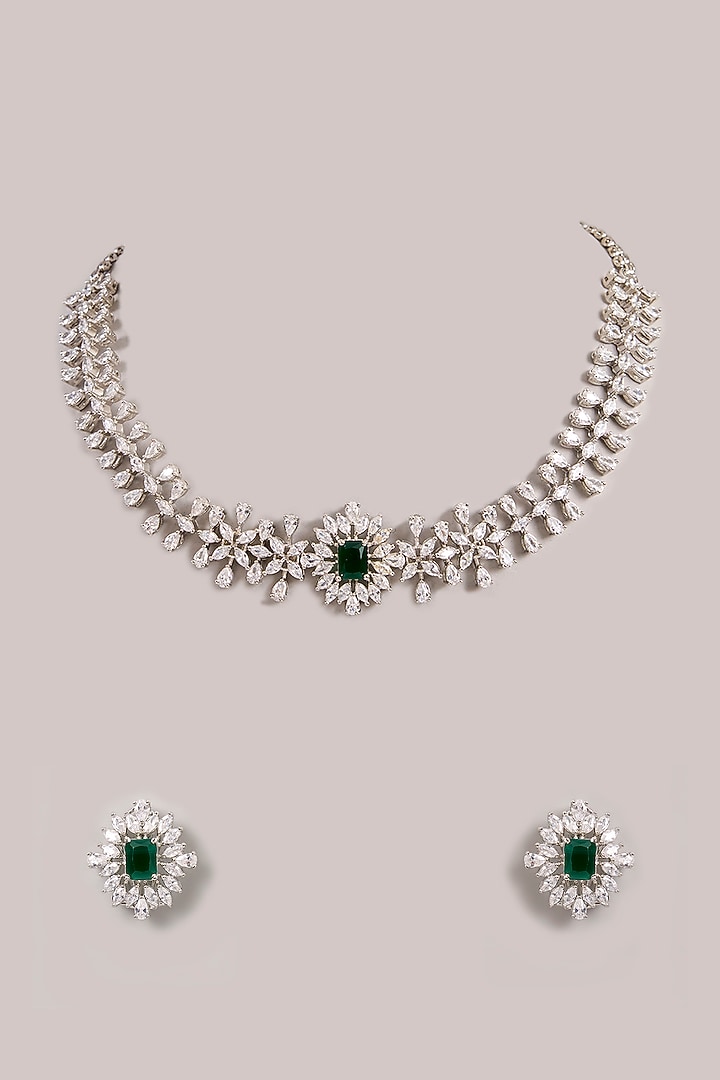 White Finish Diamond & Green Stone Choker Necklace Set by Zevar By Geeta at Pernia's Pop Up Shop