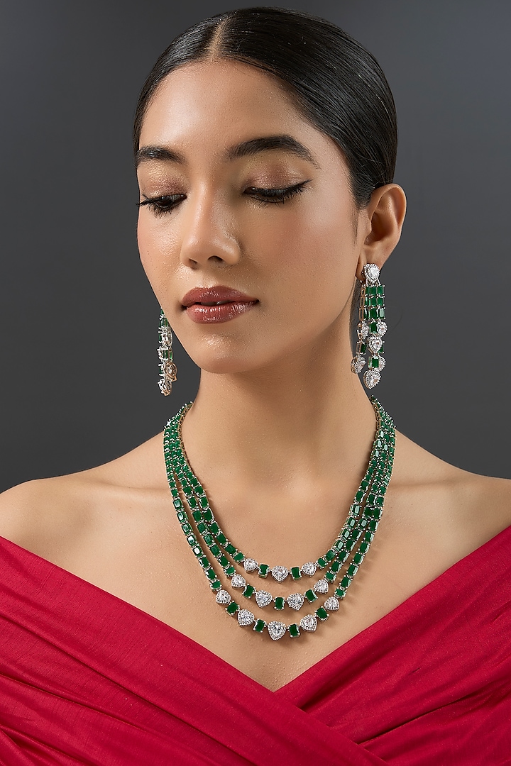 White Finish Diamond & Green Stone Long Layered Necklace Set by Zevar By Geeta at Pernia's Pop Up Shop