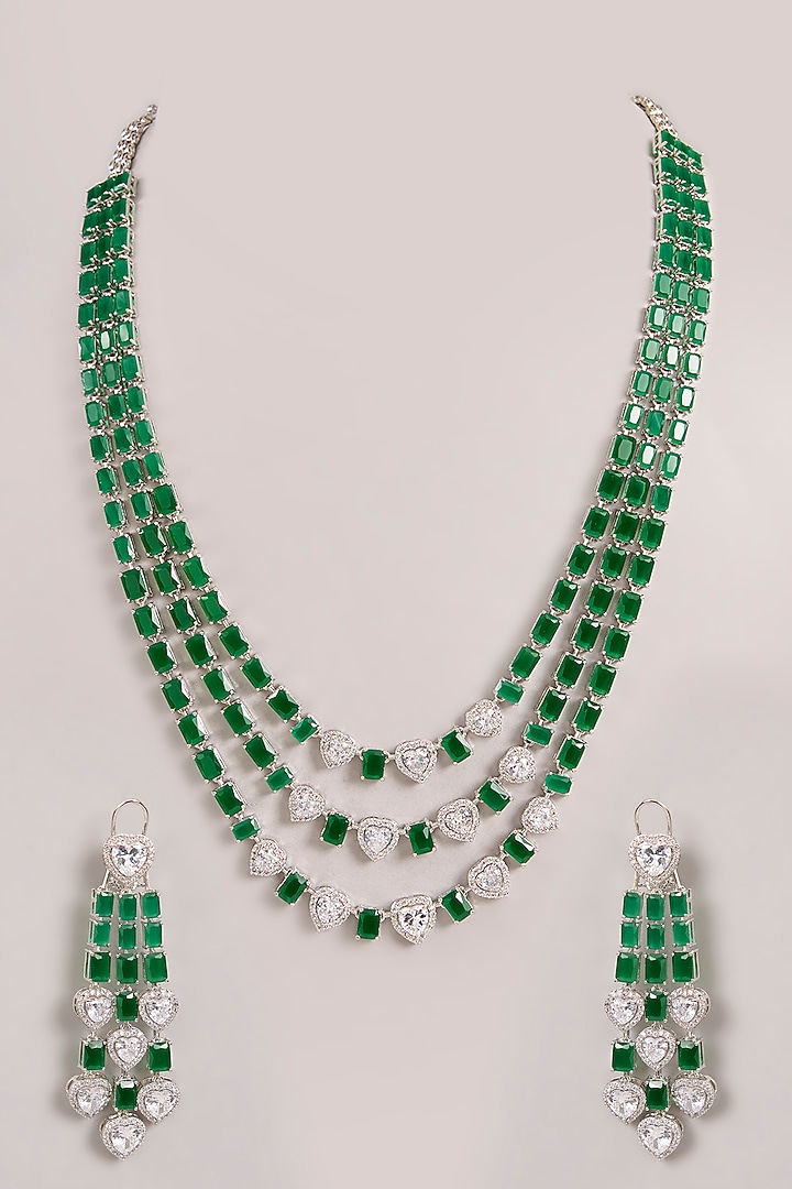White Finish Diamond & Green Stone Long Layered Necklace Set by Zevar By Geeta at Pernia's Pop Up Shop