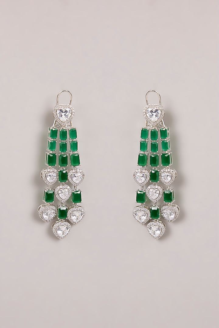 White Finish Diamond & Green Stone Long Layered Necklace Set by Zevar By Geeta at Pernia's Pop Up Shop