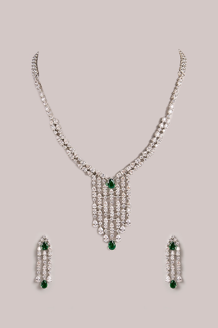 White Finish Diamond & Green Stone Long Pendant Necklace Set by Zevar By Geeta at Pernia's Pop Up Shop
