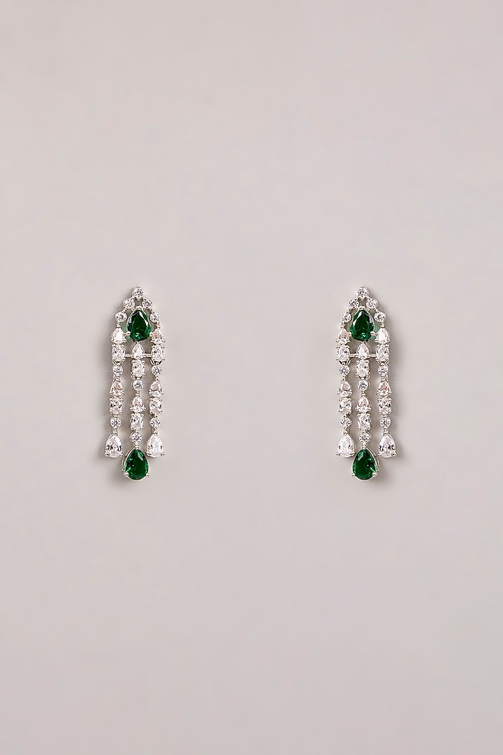 White Finish Diamond & Green Stone Long Pendant Necklace Set by Zevar By Geeta at Pernia's Pop Up Shop