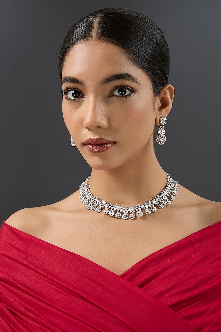 White Finish Diamond Necklace Set by Zevar By Geeta at Pernia's Pop Up Shop