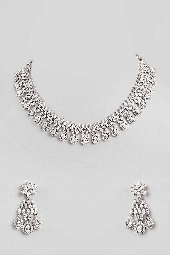 White Finish Diamond Necklace Set by Zevar By Geeta at Pernia's Pop Up Shop
