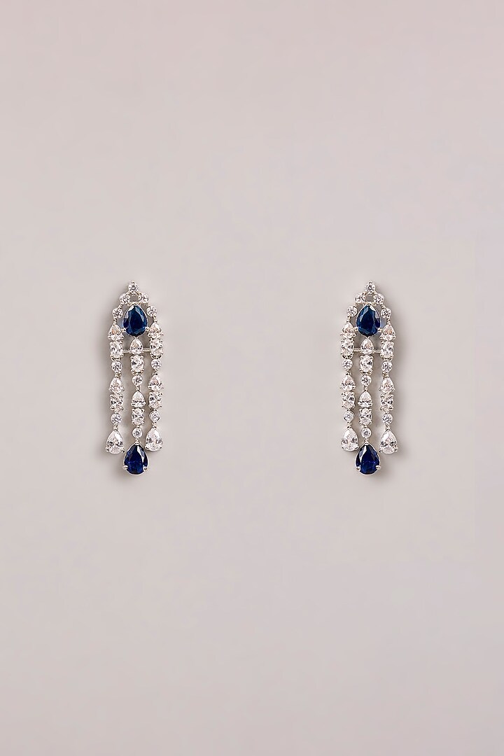 White Finish Diamond & Blue Stone Long Pendant Necklace Set by Zevar By Geeta at Pernia's Pop Up Shop