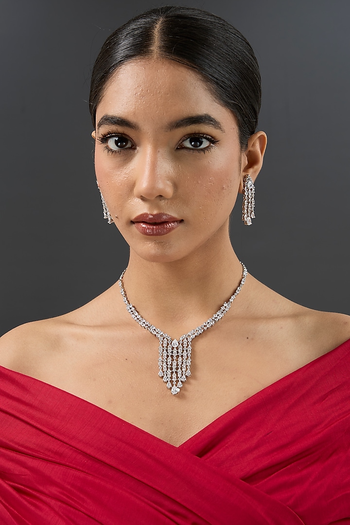 White Finish Diamond Long Pendant Necklace Set by Zevar By Geeta at Pernia's Pop Up Shop