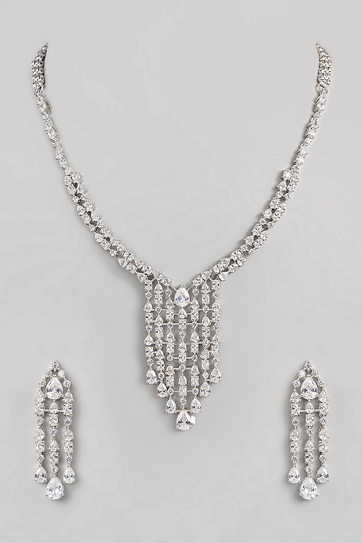 White Finish Diamond Long Pendant Necklace Set by Zevar By Geeta at Pernia's Pop Up Shop