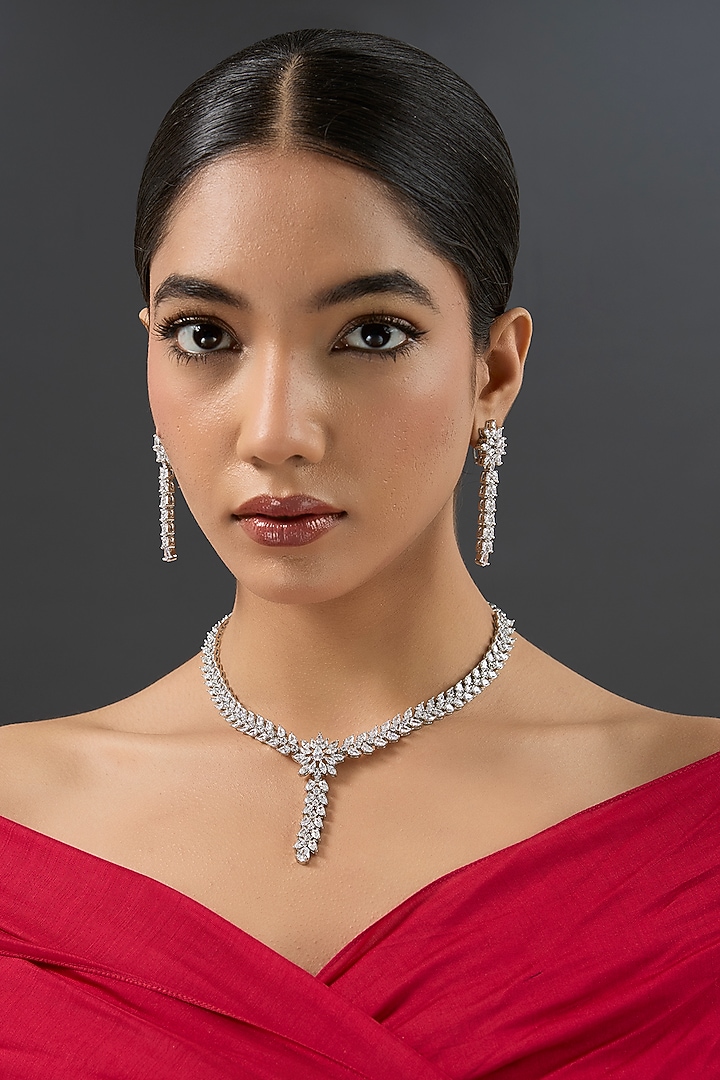 White Finish Diamond Long Pendant Necklace Set by Zevar By Geeta at Pernia's Pop Up Shop