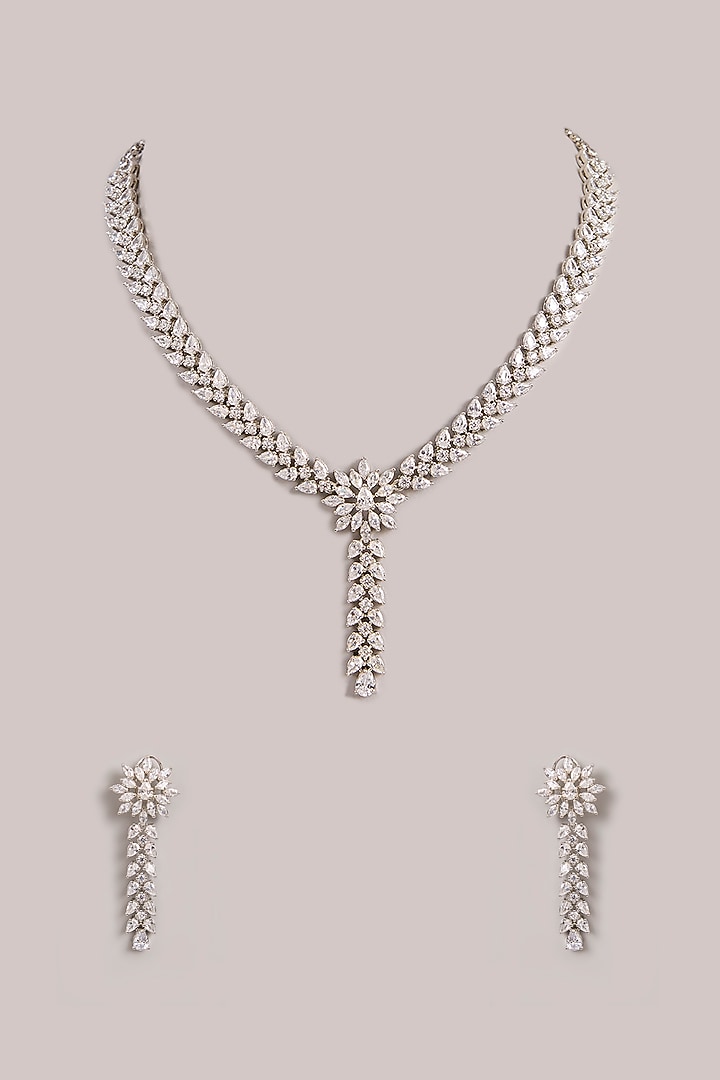 White Finish Diamond Long Pendant Necklace Set by Zevar By Geeta at Pernia's Pop Up Shop