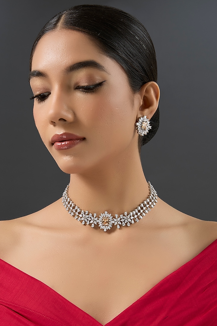 White Finish Diamond & Peach Stone Choker Necklace Set by Zevar By Geeta at Pernia's Pop Up Shop
