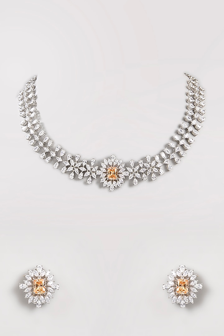 White Finish Diamond & Peach Stone Choker Necklace Set by Zevar By Geeta at Pernia's Pop Up Shop