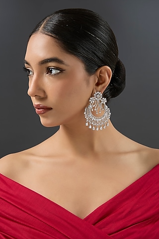 White Finish Diamond Chandbali Earrings by Zevar By Geeta