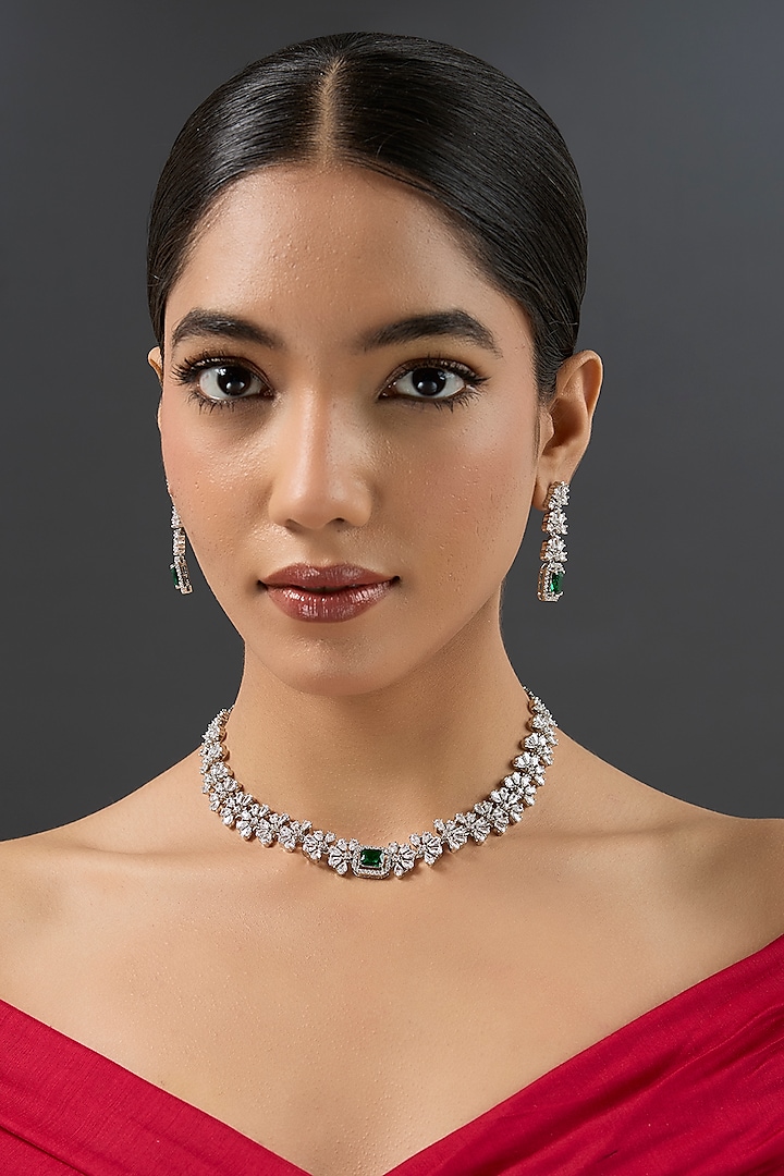 White Finish Diamond & Green Stone Choker Necklace Set by Zevar By Geeta at Pernia's Pop Up Shop