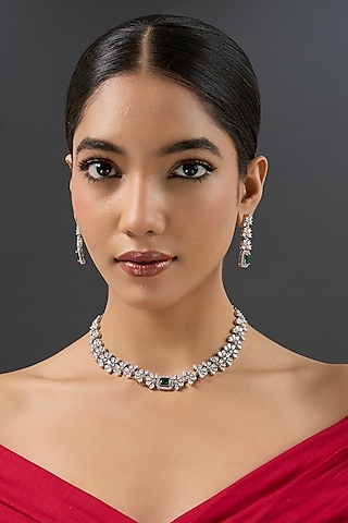 White Finish Diamond & Green Stone Choker Necklace Set by Zevar By Geeta