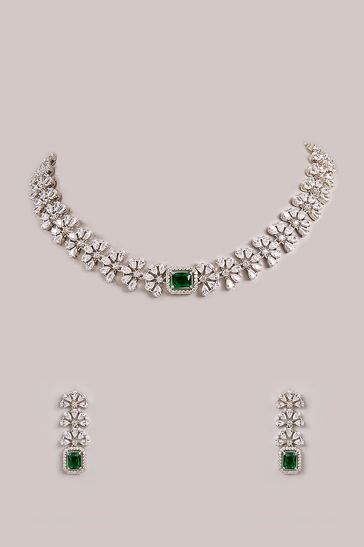 White Finish Diamond & Green Stone Choker Necklace Set by Zevar By Geeta at Pernia's Pop Up Shop