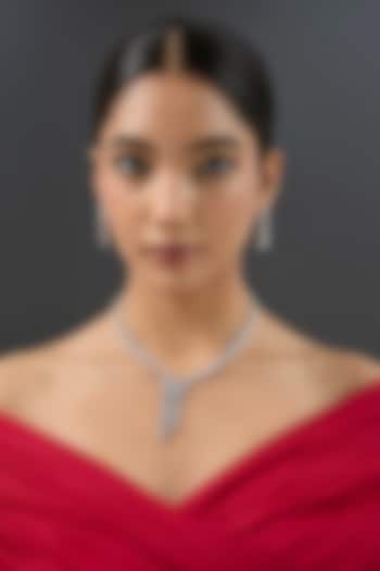 White Finish Diamond Long Pendant Necklace Set by Zevar By Geeta at Pernia's Pop Up Shop