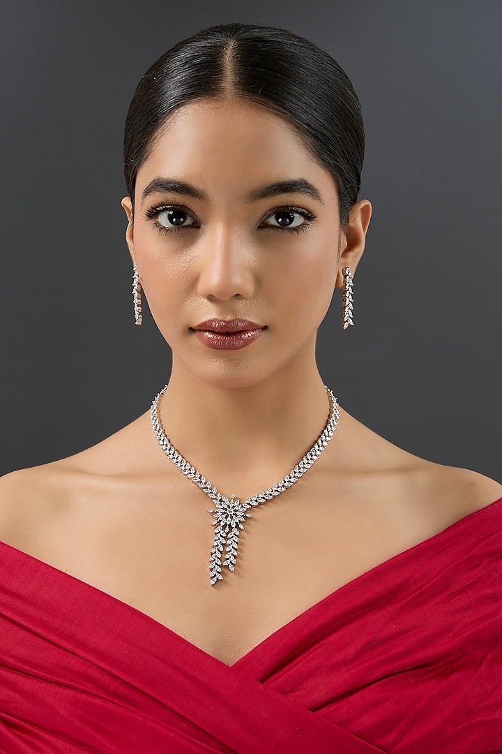 White Finish Diamond Long Pendant Necklace Set by Zevar By Geeta at Pernia's Pop Up Shop