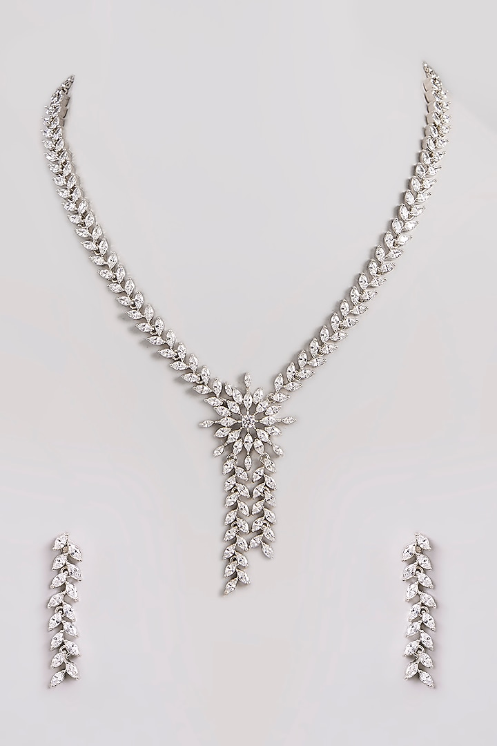 White Finish Diamond Long Pendant Necklace Set by Zevar By Geeta at Pernia's Pop Up Shop